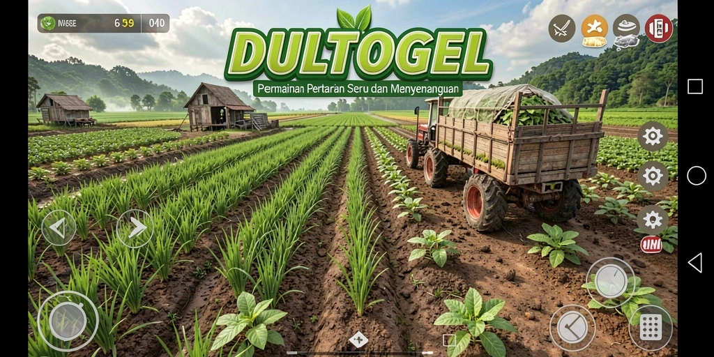 Tampilan gameplay DULTOGEL dengan ladang subur dan tanaman beragam.